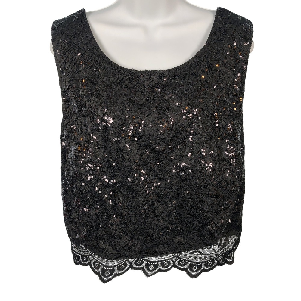 Jodi Kristopher Black Sequin Lace Crop Top V-Back Zipper‎ Plus Size 22/23 Vamp